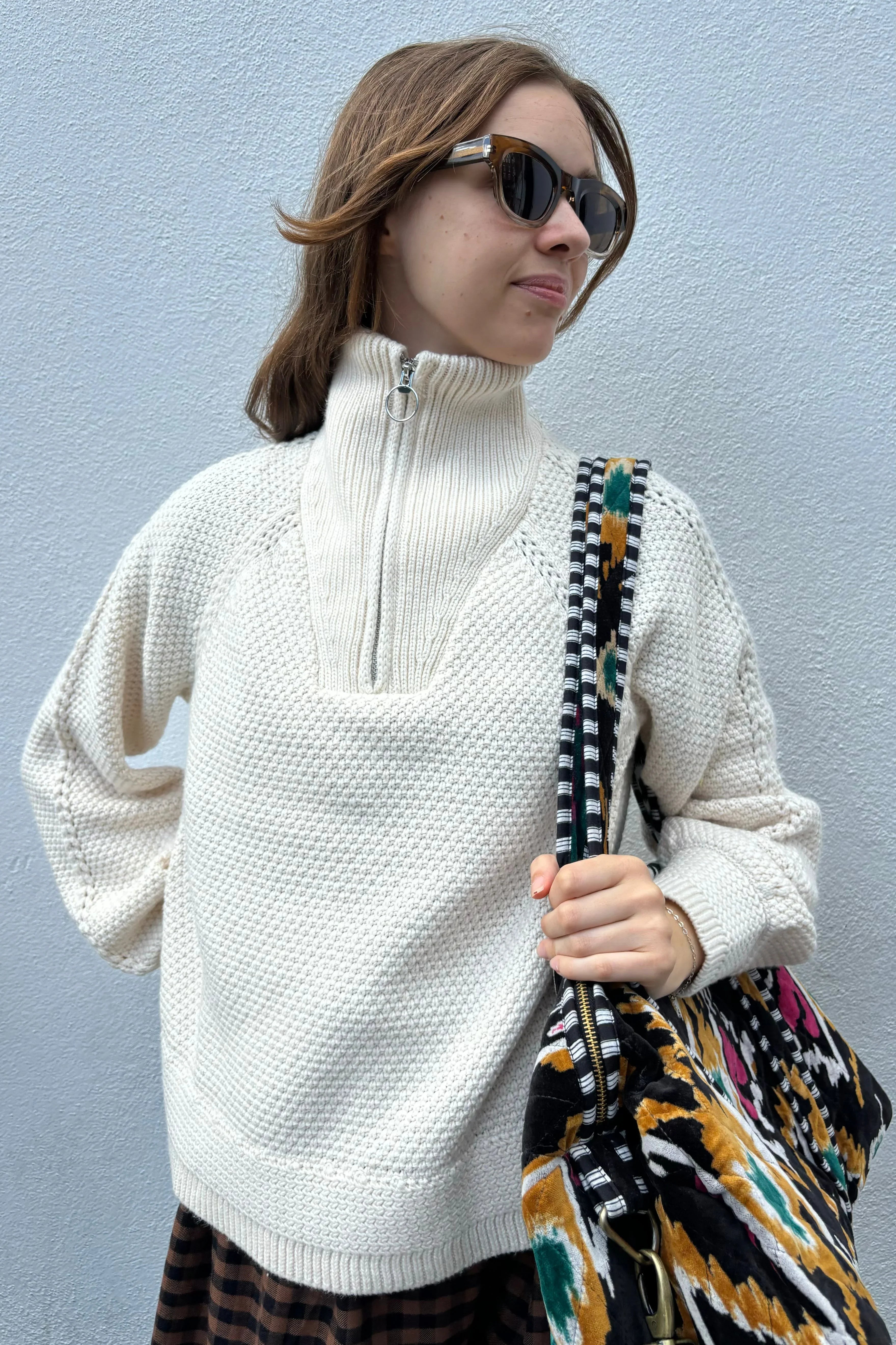 Object Saga White Sand Knit Zip Pullover
