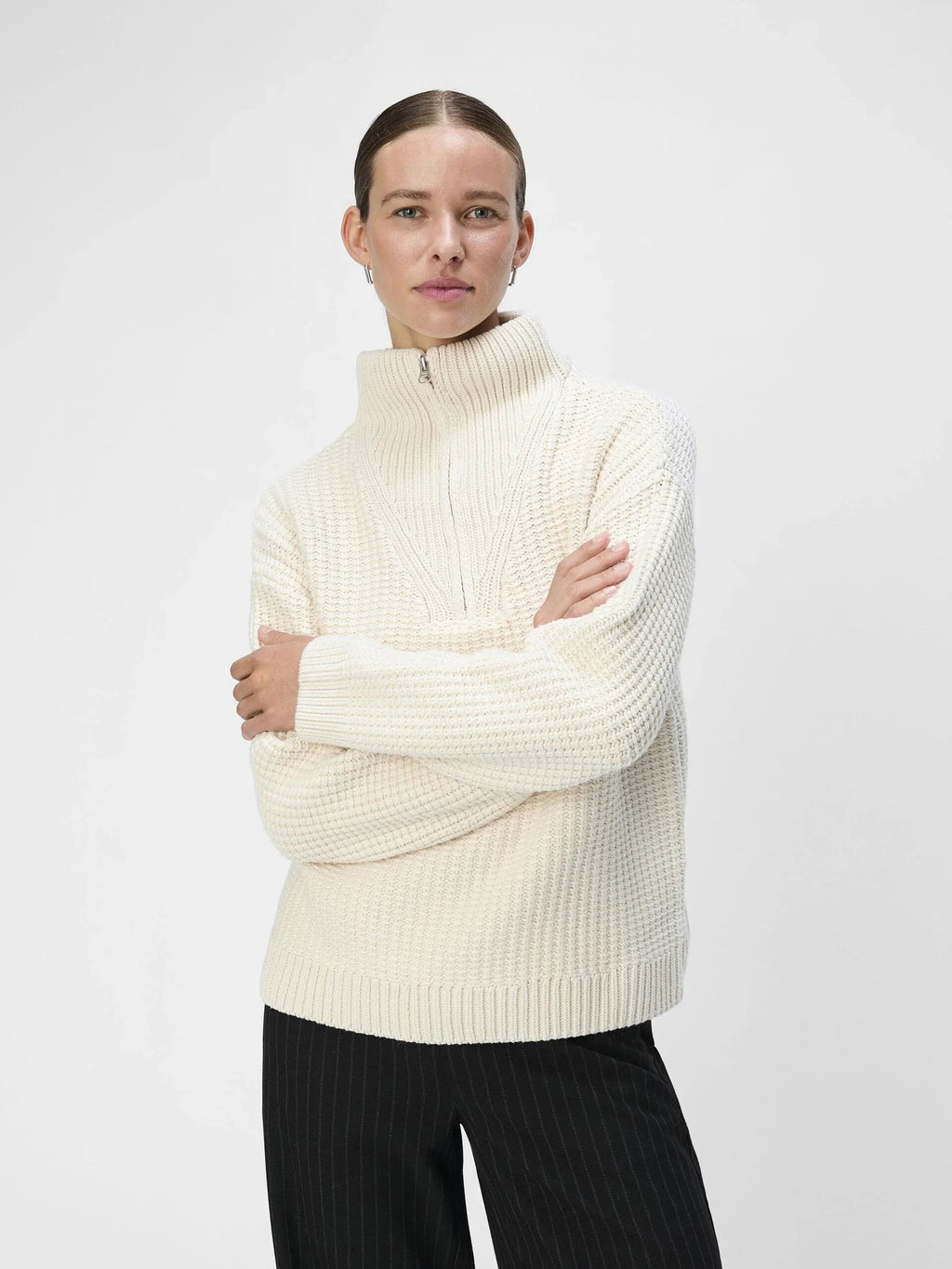 Object Saga White Sand Knit Zip Pullover
