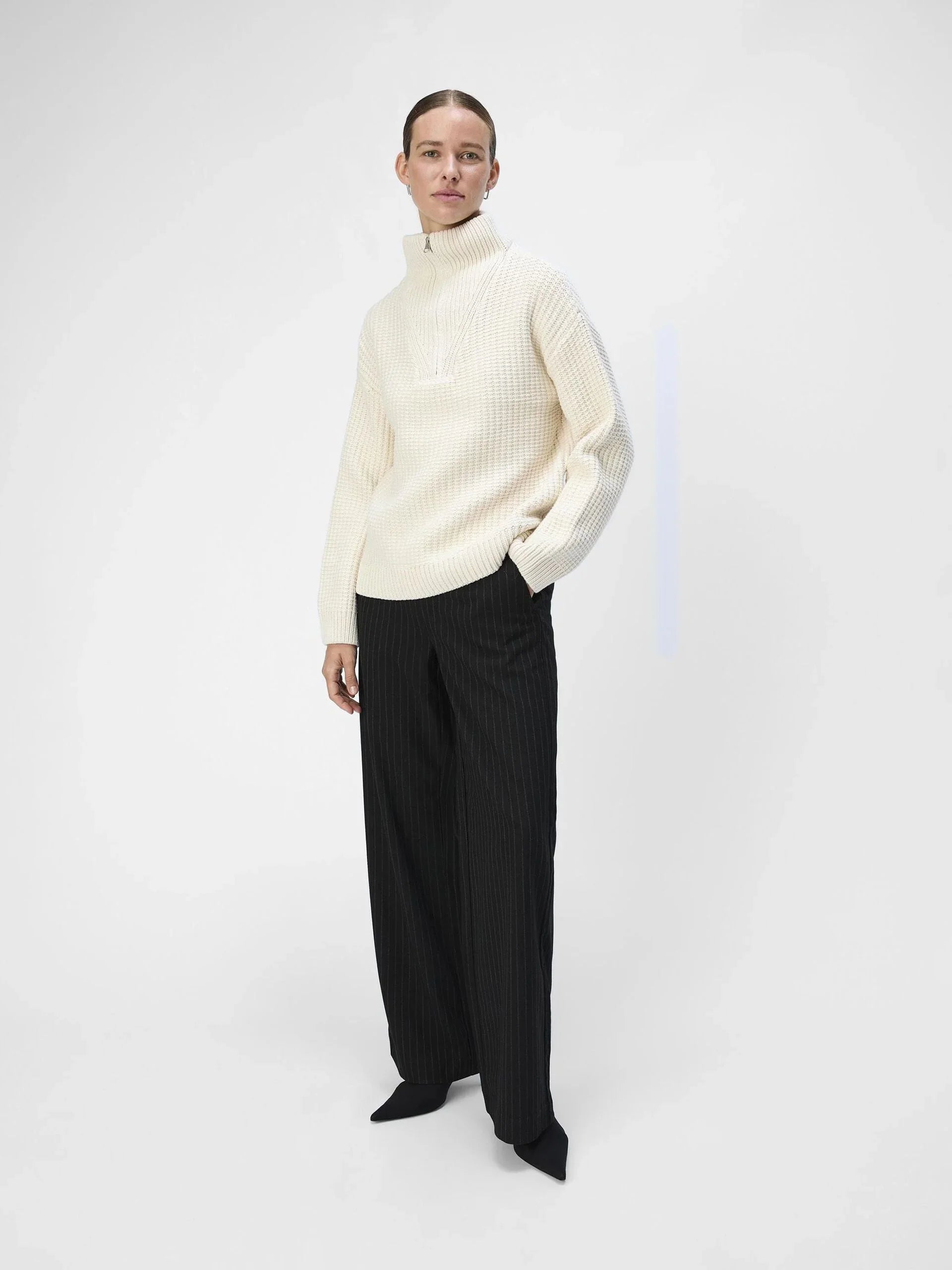 Object Saga White Sand Knit Zip Pullover